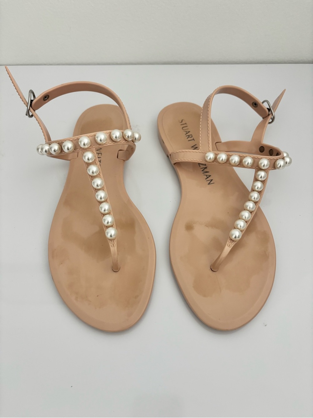Stuart Weitzman Blush Pearl-Trim T-Strap Sandals